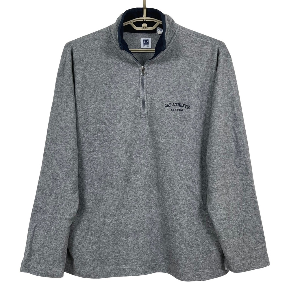 Gap Men Fleece Pullover L Gray Blue Quarter Zip Sweatshirt Pockets Logo Athletic